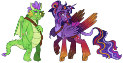 Size: 2048x1053 | Tagged: safe, artist:draculaflow3, spike, twilight sparkle, alicorn, classical unicorn, dragon, pony, g4, alternate design, claws, cloven hooves, coat markings, duo, duo male and female, ethereal mane, facial markings, female, glasses, gradient legs, horn, hybrid wings, leonine tail, male, older, simple background, star (coat marking), starry legs, starry mane, starry wings, transparent background, twilight sparkle (alicorn), unshorn fetlocks, wing claws, winged spike, wings