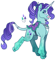 Size: 1396x1507 | Tagged: safe, artist:draculaflow3, rarity, classical unicorn, crystal pony, pony, unicorn, g4, alternate design, cloven hooves, female, horn, leonine tail, mare, race swap, saddle, simple background, solo, tack, transparent background, unshorn fetlocks