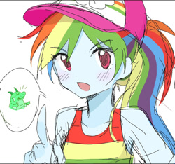 Size: 1068x1000 | Tagged: safe, artist:hey1930395, rainbow dash, human, equestria girls, g4, alternate hairstyle, bare shoulders, blushing, implied dragon, looking at you, simple background, sleeveless, solo, speech bubble, white background