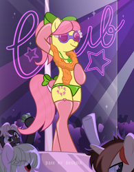 Size: 3893x5001 | Tagged: safe, artist:ghostpikachu, derpibooru exclusive, posey bloom, oc, earth pony, unicorn, semi-anthro, g4, g5, absurd resolution, base artist:seurnik, base used, bedroom eyes, bipedal, bow, clothes, club, dancing, feather boa, female, g5 to g4, generation leap, hair bow, horn, jewelry, lidded eyes, male, necklace, novelty glasses, panties, party, pole, pole dancing, scarf, seductive, seductive look, seductive pose, sexy, socks, solo focus, spotlight, stockings, stripper pole, thigh highs, underwear