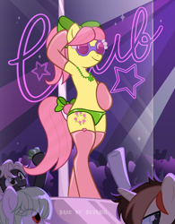 Size: 3893x5001 | Tagged: safe, alternate version, artist:ghostpikachu, derpibooru exclusive, posey bloom, oc, earth pony, unicorn, semi-anthro, g4, g5, absurd resolution, base artist:seurnik, base used, bedroom eyes, bipedal, bow, clothes, club, dancing, female, g5 to g4, generation leap, hair bow, horn, jewelry, lidded eyes, male, necklace, novelty glasses, panties, party, pole, pole dancing, seductive, seductive look, seductive pose, sexy, socks, solo focus, spotlight, stockings, stripper pole, thigh highs, underwear