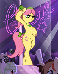 Size: 3893x5001 | Tagged: safe, alternate version, artist:ghostpikachu, derpibooru exclusive, posey bloom, oc, pony, semi-anthro, g4, g5, absurd resolution, base artist:seurnik, base used, bedroom eyes, bipedal, bow, club, dancing, female, g5 to g4, generation leap, hair bow, jewelry, lidded eyes, male, necklace, novelty glasses, party, pole, pole dancing, seductive, seductive look, seductive pose, sexy, solo focus, spotlight, stripper pole, stupid sexy posey bloom