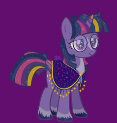 Size: 1952x2048 | Tagged: safe, artist:zorrollusion, twilight sparkle, pony, g4, alternate design, clothes, glasses, purple background, simple background, solo