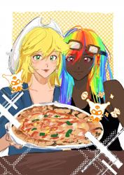 Size: 1080x1528 | Tagged: safe, artist:ranranyuebrightness, applejack, rainbow dash, human, g4, applejack's hat, cowboy hat, dark skin, duo, duo female, female, food, freckles, hat, humanized, kuromi, light skin, looking at you, pizza, sanrio