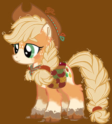 Size: 640x706 | Tagged: safe, artist:zorrollusion, applejack, earth pony, pony, g4, alternate design, applejack's hat, braid, braided tail, brown background, cloven hooves, cowboy hat, hat, simple background, solo, tail