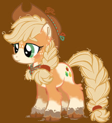 Size: 640x706 | Tagged: safe, alternate version, artist:zorrollusion, applejack, earth pony, pony, g4, alternate design, applejack's hat, braid, braided tail, brown background, cowboy hat, hat, simple background, solo, tail