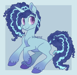 Size: 908x880 | Tagged: safe, artist:bishopony, misty brightdawn, pony, unicorn, g5, cute, female, freckles, horn, looking to the right, mare, mistybetes, passepartout, rearing, redesign, signature, smiling, solo, standing on two hooves, two toned mane, wrong eye color