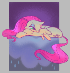 Size: 1340x1391 | Tagged: safe, artist:shugrcube, fluttershy, pegasus, pony, g4, cloud, dark purple background, female, lidded eyes, lying down, lying on a cloud, mare, on a cloud, pink hair, pink mane, pink tail, rain, raincloud, sad, solo, spread wings, tail, wings