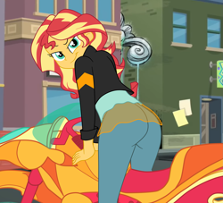 Size: 2753x2498 | Tagged: safe, artist:gmaplay, sunset shimmer, human, equestria girls, g4, ass, bedroom eyes, bunset shimmer, butt, looking at you, looking back, looking back at you, motorcross, motorcycle, seductive, seductive look, seductive pose, solo