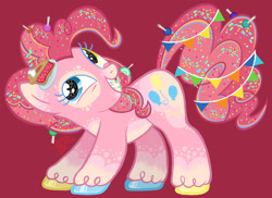 Size: 2047x1488 | Tagged: safe, artist:zorrollusion, pinkie pie, earth pony, pony, g4, alternate design, pink pony, red background, retro, simple background, solo