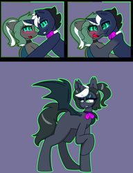 Size: 3752x4888 | Tagged: safe, artist:askhypnoswirl, oc, oc only, oc:hypno swirl, bat pony, pony, unicorn, bat pony oc, bowtie, duo, duo male and female, female, fusion, horn, hypno eyes, hypnosis, hypnotized, male, necktie, unicorn oc