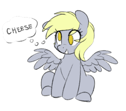 Size: 340x300 | Tagged: safe, artist:higglytownhero, artist:polofastter, derpy hooves, pegasus, pony, g4, cheese, eye clipping through hair, food, no tail, open mouth, simple background, sitting, sketch, smiling, solo, spread wings, thought bubble, transparent background, wings