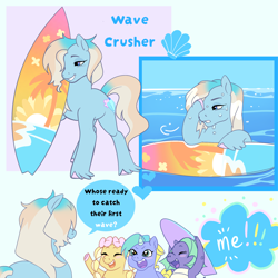 Size: 2048x2048 | Tagged: safe, artist:aztrial, oc, oc only, oc:wave crusher, unnamed oc, dragon, earth pony, pony, unicorn, 3d cutie mark, bleached hair, blush sticker, blushing, bow, braid, braided pigtails, colored hooves, colored horn, cute, cute little fangs, dialogue, dragon oc, earth pony oc, eyes closed, fangs, female, fetlock tuft, filly, foal, gradient mane, gradient tail, hair bow, heart, hooves, horn, lady looks like a dude, lidded eyes, mare, multicolored eyes, non-pony oc, not glory, not peach fizz, not seashell, ocean, open mouth, open smile, passepartout, pigtails, pony oc, seashell, smiling, speech bubble, standing, surfboard, tail, text, two toned eyes, unicorn oc, unshorn fetlocks, water, wet, wet mane