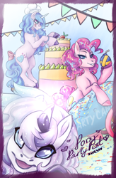 Size: 1600x2440 | Tagged: safe, artist:shessy-lai, izzy moonbow, pinkie pie, earth pony, galarian ponyta, pony, ponyta, unicorn, g4, g5, bipedal, cake, crossover, female, food, horn, izzy and her heroine, mare, pokémon, tongue out