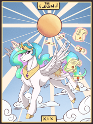 Size: 1200x1600 | Tagged: safe, artist:shessy-lai, princess celestia, alicorn, pony, g4, cloud, flying, scroll, sky, solo, sun, tarot, tarot card