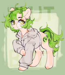 Size: 3500x4000 | Tagged: safe, artist:flutterbutt, oc, pony, adoptable, bookworm, clothes, golden eyes, green hair, hoodie, nerd, watermark