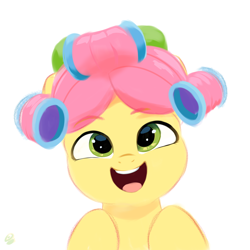 Size: 3072x3072 | Tagged: safe, artist:dulldi, posey bloom, earth pony, pony, g5, my little pony: tell your tale, sleepover!!, spoiler:g5, spoiler:my little pony: tell your tale, spoiler:tyts02e18, adoraposey, bow, bust, cute, daaaaaaaaaaaw, female, hair bow, hair curlers, happy, hnnng, looking up, mare, open mouth, open smile, simple background, smiling, solo, weapons-grade cute, when she smiles, white background