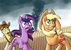 Size: 4092x2893 | Tagged: safe, artist:timsplosion, applejack, braeburn, twilight sparkle, earth pony, pony, unicorn, g4, corn field, female, gritted teeth, male, mare, no pupils, open mouth, overcast, song reference in the description, stallion, teeth, tornado, trio, twister, twisters, unicorn twilight, windswept mane