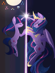 Size: 1620x2160 | Tagged: safe, artist:e179318543, artist:太阳鸭, twilight sparkle, alicorn, pony, unicorn, g4, applejack's cutie mark, backwards cutie mark, crown, digital art, duality, ethereal mane, ethereal tail, eyes closed, feather, female, floating, flowing mane, flowing tail, fluttershy's cutie mark, gem, glowing, glowing horn, hoof shoes, horn, jewelry, looking at each other, looking at someone, magic, mare, older, older twilight, older twilight sparkle (alicorn), peytral, pinkie pie's cutie mark, princess shoes, princess twilight 2.0, rainbow dash's cutie mark, rarity's cutie mark, regalia, sad, solo, sparkles, spread wings, stars, tail, twilight sparkle (alicorn), unicorn twilight, wallpaper, wings