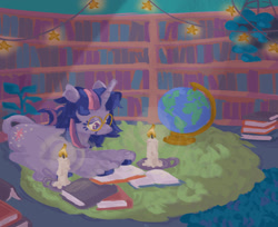 Size: 1467x1200 | Tagged: safe, artist:saskaw, twilight sparkle, alicorn, pony, unicorn, g4, book, bookshelf, candle, glasses, globe, horn, reading, solo