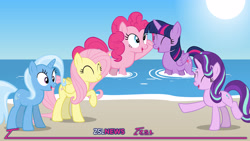 Size: 3840x2160 | Tagged: safe, artist:zslnews, fluttershy, pinkie pie, starlight glimmer, trixie, twilight sparkle, alicorn, earth pony, pegasus, pony, unicorn, g4, ^^, beach, cute, diapinkes, diatrixes, excited, eyes closed, female, glimmerbetes, horn, laughing, mare, open mouth, shyabetes, summer, sun, twiabetes, twilight sparkle (alicorn), water