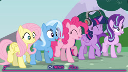 Size: 3840x2160 | Tagged: safe, artist:zslnews, fluttershy, pinkie pie, starlight glimmer, trixie, twilight sparkle, alicorn, earth pony, pegasus, pony, unicorn, g4, ^^, cute, diapinkes, diatrixes, eyes closed, female, glimmerbetes, headphones, horn, mare, open mouth, show accurate, shyabetes, twiabetes, twilight sparkle (alicorn), walking