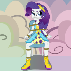 Size: 2500x2500 | Tagged: safe, artist:nie-martw-sie-o-mnie, rarity, human, equestria girls, equestria girls specials, g4, my little pony equestria girls: dance magic, bondage, boots, bound and gagged, chair, cleave gag, cloth gag, female, femsub, gag, high heel boots, jewelry, rarisub, rope, rope bondage, shoes, sitting, solo, spread legs, spreading, submissive, tiara, tied to chair