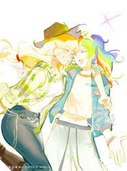 Size: 1680x2264 | Tagged: safe, artist:leiyezhongma1, artist:remlo, applejack, rainbow dash, human, g4, boots, clothes, cowboy boots, denim, female, high heel boots, humanized, jeans, lesbian, pants, ship:appledash, shipping, shirt, shoes