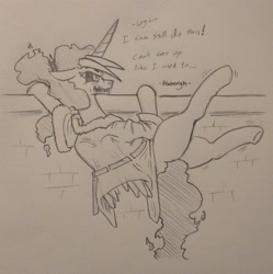 Size: 2942x2955 | Tagged: safe, artist:jargon scott, oc, oc only, oc:dyx, alicorn, pony, bathrobe, butt, climbing, clothes, dialogue, female, grayscale, mare, monochrome, nose wrinkle, older, older dyx, pencil drawing, plot, robe, sharp teeth, solo, struggling, teeth, traditional art, wall