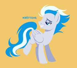 Size: 1912x1708 | Tagged: safe, artist:minttasha, oc, oc only, oc:command stryke, pegasus, blue eyes, folded wings, orange background, pegasus oc, simple background, solo, tail, wings