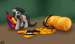 Size: 2748x1629 | Tagged: safe, artist:the-furry-railfan, octavia melody, oc, oc:twintails, earth pony, pegasus, g4, air tank, bag, derp, duo, flattened, inflatable, inflatable toy, inflation, saddle bag, story included, this will end in balloons, tongue out