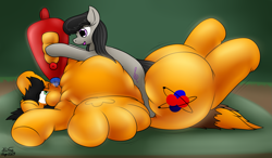 Size: 3057x1782 | Tagged: safe, artist:the-furry-railfan, octavia melody, oc, oc:twintails, earth pony, pegasus, g4, air tank, bellows, flattened, inflated wings, inflation, kiss inflation, kissing, living inflatable, panicking, puffy cheeks, story included, this will end in balloons, wings