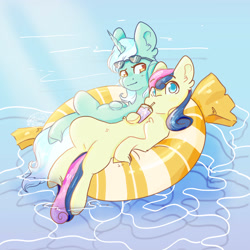 Size: 3000x3000 | Tagged: safe, artist:galaxiastar1, bon bon, lyra heartstrings, sweetie drops, earth pony, pony, unicorn, g4, drink, drinking, drinking straw, duo, duo female, female, horn, inner tube, lesbian, looking at you, lounging, lying down, mare, on back, opaque inflatable, pool toy, ship:lyrabon, shipping, signature, summer, sunglasses, sunglasses on head, unshorn fetlocks