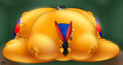 Size: 3600x1908 | Tagged: safe, artist:the-furry-railfan, octavia melody, oc, oc:twintails, earth pony, pegasus, g4, air tank, bellows, belly, big belly, flattened, huge belly, huge butt, impossibly large belly, impossibly large butt, inflatable, inflatable toy, inflated ears, inflated wings, inflation, large butt, puffy cheeks, story included, surprised, this will end in balloons, wings