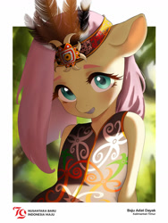 Size: 972x1296 | Tagged: safe, artist:kagaki, fluttershy, pegasus, pony, semi-anthro, g4, alternate hairstyle, arm behind back, backlighting, blurry background, blushing, clothes, colored eyebrows, colored pupils, female, grin, half body, hands behind back, headwear, indonesian, looking at you, mare, outdoors, passepartout, signature, smiling, smiling at you, solo, subsurface scattering, traditional clothing