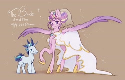 Size: 4096x2639 | Tagged: safe, artist:galaxiastar1, princess cadance, shining armor, alicorn, pony, unicorn, g4, 2024, alternate hairstyle, clothes, dress, duo, duo male and female, female, height difference, hoof shoes, horn, male, mare, meme, messy mane, princess shoes, raised hoof, ship:shiningcadance, shipping, signature, simple background, size difference, smiling, sparkles, spread wings, stallion, straight, tan background, the bride and the ugly ass groom, toy interpretation, veil, wedding dress, wedding veil, wings