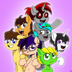 Size: 1280x1280 | Tagged: safe, artist:orange becrux, oc, oc:cassie, oc:fredonejo prism, oc:leonely, oc:orange becrux, oc:papery xlp, oc:partx, oc:real end, pegasus, unicorn, fangs, female, femboy, glasses, horn, male