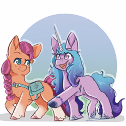 Size: 3000x3000 | Tagged: safe, artist:galaxiastar1, izzy moonbow, sunny starscout, earth pony, pony, unicorn, g5, my little pony: a new generation, bracelet, duo, duo female, female, friendship bracelet, hoof heart, horn, jewelry, looking at each other, looking at someone, mare, open mouth, open smile, raised hoof, smiling, sunny's bag, tail, underhoof, unshorn fetlocks, upside-down hoof heart, walking