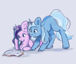 Size: 3000x2541 | Tagged: safe, artist:galaxiastar1, starlight glimmer, trixie, pony, unicorn, g4, book, chest fluff, duo, duo female, female, horn, lying down, mare, prone, reading, signature, simple background, tail