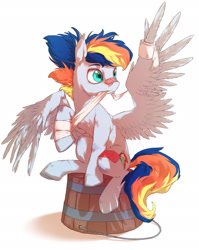 Size: 1650x2070 | Tagged: safe, artist:bright banner, artist:黑白星, oc, oc only, oc:bright banner, pegasus, pony, bandage, bandaid, bandaid on nose, bucket, eyelashes, femboy, male, male oc, pegasus oc, simple background, sitting, solo, treat, white background, wings