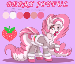 Size: 3807x3291 | Tagged: safe, artist:pananovich, oc, oc only, oc:berry joyful, earth pony, pony, bathrobe, big lips, bimbo, chest fluff, clothes, commission, female, lidded eyes, looking at someone, looking at you, mare, name, open mouth, open smile, purple background, raised hoof, reference sheet, robe, simple background, smiling, solo