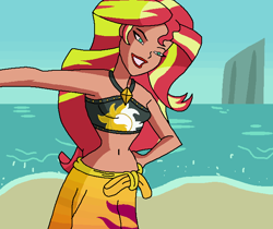 Size: 670x564 | Tagged: safe, artist:ocean lover, sunset shimmer, human, equestria girls, equestria girls specials, g4, my little pony equestria girls: forgotten friendship, bare midriff, bare shoulders, beach, beautiful, belly, belly button, bikini, bikini babe, clothes, curvy, female, hourglass figure, human coloration, island, light skin, lips, lipstick, midriff, ms paint, ocean, outdoors, pose, pretty, red lipstick, sand, sarong, sky, smiling, solo, stupid sexy sunset shimmer, summer sunset, sunset shimmer swimsuit, swimsuit, teal eyes, two toned hair, water, wave