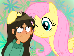 Size: 1024x768 | Tagged: safe, artist:abigail m., fluttershy, human, pegasus, pony, g4, clothes, commission, crossover, disney, duo, duo female, female, folded wings, hoof on head, libby stein-torres, mare, one eye closed, signature, smiling, sweater, the ghost and molly mcgee, wings