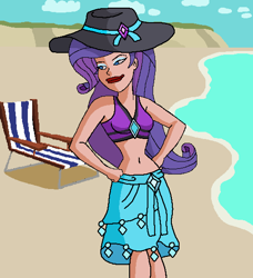 Size: 502x550 | Tagged: safe, artist:ocean lover, rarity, human, equestria girls, equestria girls specials, g4, my little pony equestria girls: forgotten friendship, bare midriff, bare shoulders, beach, beach chair, beautiful, belly, belly button, bikini, bikini babe, blue eyes, blue eyeshadow, chair, clothes, cloud, curvy, diamond, eyeshadow, female, hat, hill, hourglass figure, human coloration, lidded eyes, light skin, lips, lipstick, looking away, makeup, midriff, ms paint, ocean, outdoors, pose, pretty, purple hair, rarity's blue sarong, rarity's purple bikini, red lipstick, sand, sarong, sky, smiling, solo, stupid sexy rarity, sun hat, swimsuit, water, wave