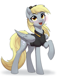 Size: 2029x2608 | Tagged: safe, artist:sierraex, derpy hooves, pegasus, pony, series:derpy can't catch a break, g4, blushing, clothes, cute, derpabetes, female, high res, mare, mcdonald's, open mouth, open smile, raised hoof, simple background, smiling, solo, uniform, white background