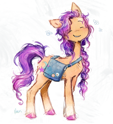 Size: 999x1098 | Tagged: safe, artist:lutraviolet, sunny starscout, earth pony, pony, g5, 2023, back fluff, bag, braid, braided ponytail, butt fluff, chest fluff, coat markings, colored hooves, cute, eyes closed, female, freckles, gradient legs, happy, hooves, long legs, long mane, long tail, mare, pink hooves, pins, ponytail, satchel, shiny hooves, shiny mane, shiny tail, smiling, socks (coat markings), solo, sunnybetes, tail, thin legs, tied mane, two toned mane, two toned tail, unshorn fetlocks, wavy tail