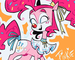 Size: 1350x1080 | Tagged: safe, alternate version, artist:batzy-artz, pinkie pie, earth pony, pony, g4, accessory, alternate accessories, alternate design, alternate hairstyle, alternate tailstyle, bald face, blaze (coat marking), blue eyes, bow, clown, clown nose, coat markings, colored eyebrows, curly mane, curly tail, eyelashes, facial markings, female, freckles, hair accessory, hair ribbon, long neck, looking away, mane accessory, mare, no pupils, open mouth, open smile, orange background, outline, pigtails, pink coat, pink mane, pink tail, red nose, redesign, ribbon, ruffles, simple background, small ears, smiling, solo, sprinkles in mane, sprinkles in tail, tail, tail bow, teeth, text, tied mane, tied tail, watermark, white text, zoomed in