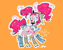 Size: 1350x1080 | Tagged: safe, artist:batzy-artz, part of a set, pinkie pie, earth pony, pony, g4, accessory, alternate accessories, alternate design, alternate hairstyle, alternate tailstyle, bald face, ballet slippers, blaze (coat marking), blue eyes, bow, clown, clown nose, coat markings, colored eyebrows, curly mane, curly tail, eyelashes, facial markings, female, food, freckles, hair accessory, hair ribbon, leg markings, long legs, long neck, looking away, mane accessory, mare, no pupils, open mouth, open smile, orange background, outline, pigtails, pink coat, pink mane, pink tail, raised hoof, red nose, redesign, ribbon, roller skates, ruffles, simple background, skates, small ears, smiling, solo, sprinkles, sprinkles in mane, sprinkles in tail, standing, standing on three hooves, tail, tail bow, teeth, text, thin legs, tied mane, watermark, white text