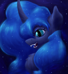 Size: 2200x2400 | Tagged: safe, artist:gosha305, princess luna, pony, g4, bust, curved horn, ear fluff, ethereal mane, fangs, female, flowing mane, fluffy, grin, horn, lineless, looking at you, mare, night, night sky, portrait, sky, smiling, smiling at you, solo, starry mane, stars, teeth