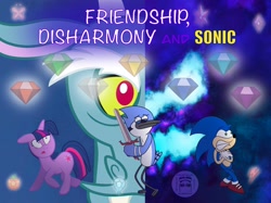 Size: 2048x1535 | Tagged: safe, artist:abigail m., discord, twilight sparkle, bird, blue jay, draconequus, hedgehog, pony, unicorn, anthro, fanfic:friendship disharmony & sonic, g4, adventure time, chaos emerald, commission, crossover, element of generosity, element of honesty, element of kindness, element of laughter, element of loyalty, element of magic, elements of harmony, fanfic art, female, floppy ears, horn, male, mare, mordecai, nervous, open mouth, regular show, sonic the hedgehog, sonic the hedgehog (series), sword, tail, unicorn twilight, weapon